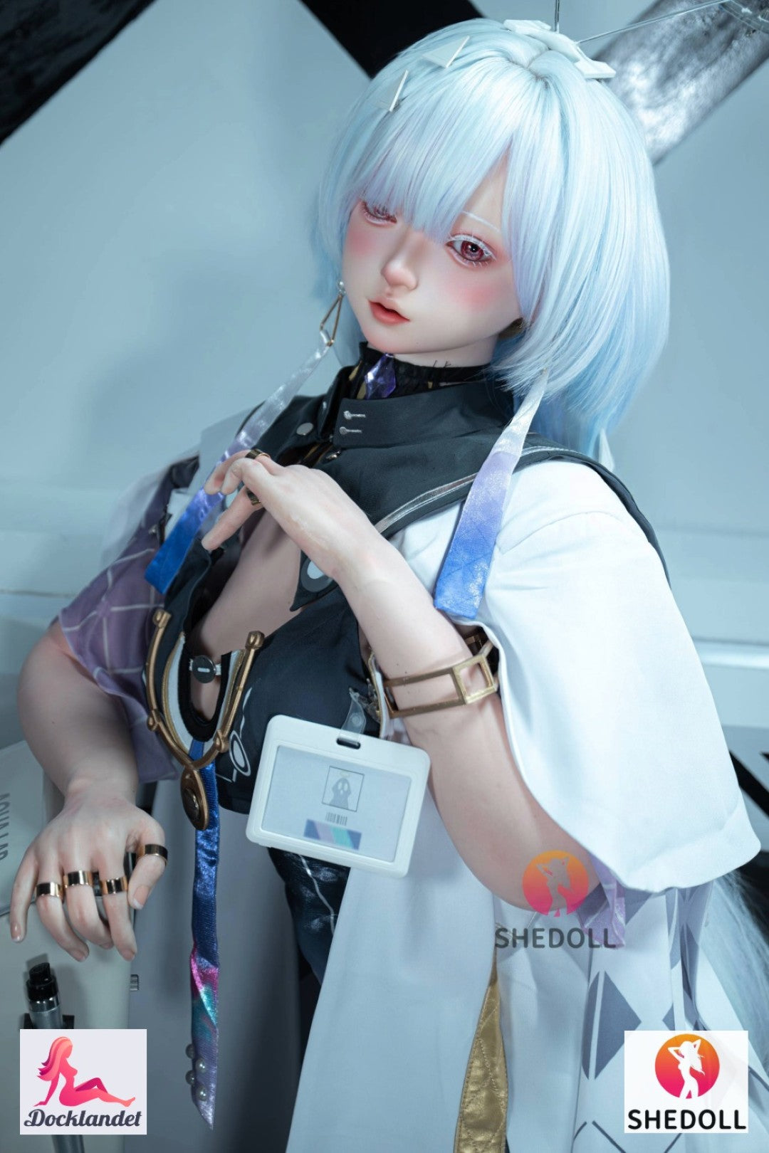 Anime realistic SHEDOLL doll with light blue hairstyle and cosplay outfit, close-up showing lifelike details and sci-fi style.