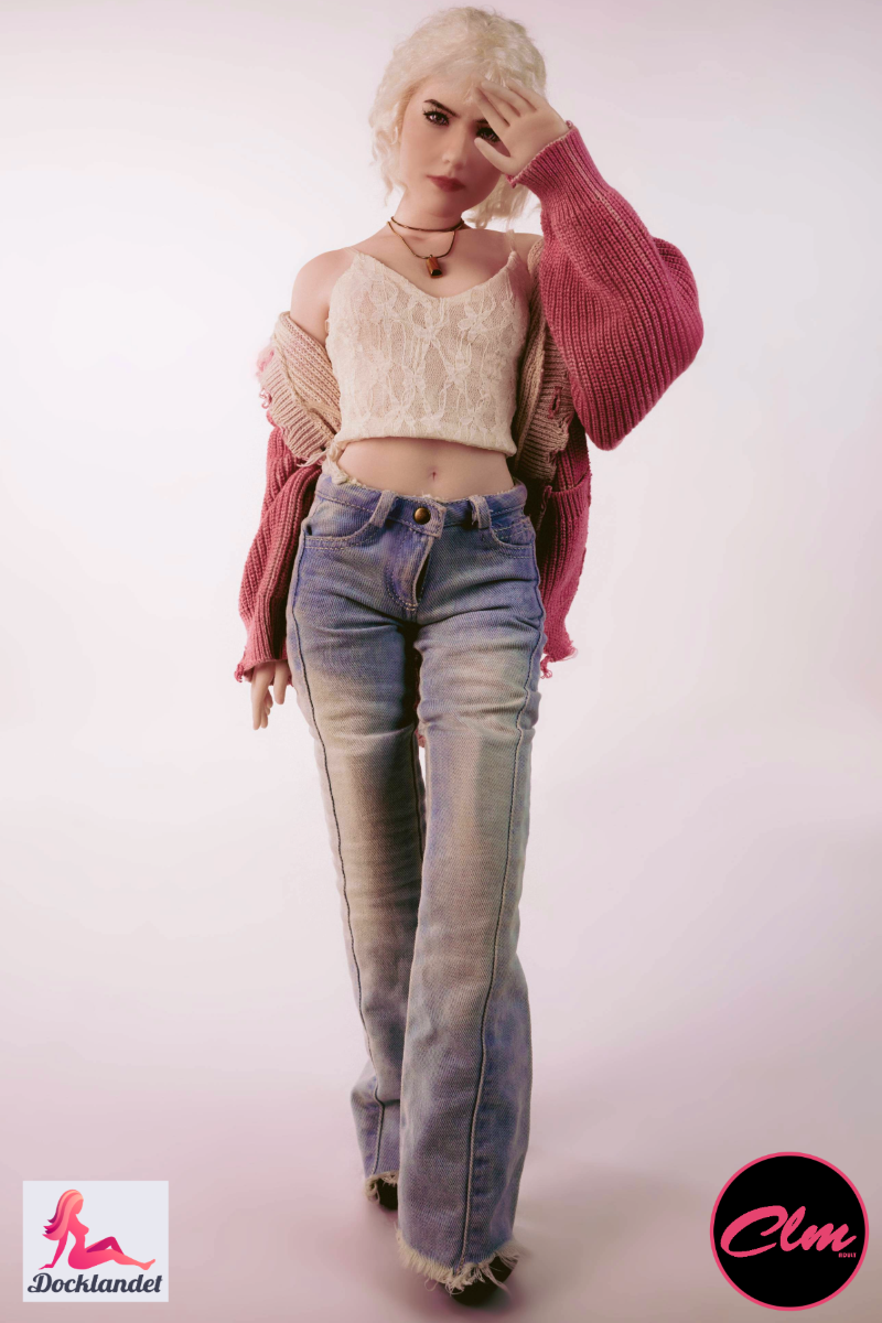 Realistic mini silicone sex doll Tara 60 cm from Climax Doll, blonde nude doll with slim figure and natural bust, full body front view.